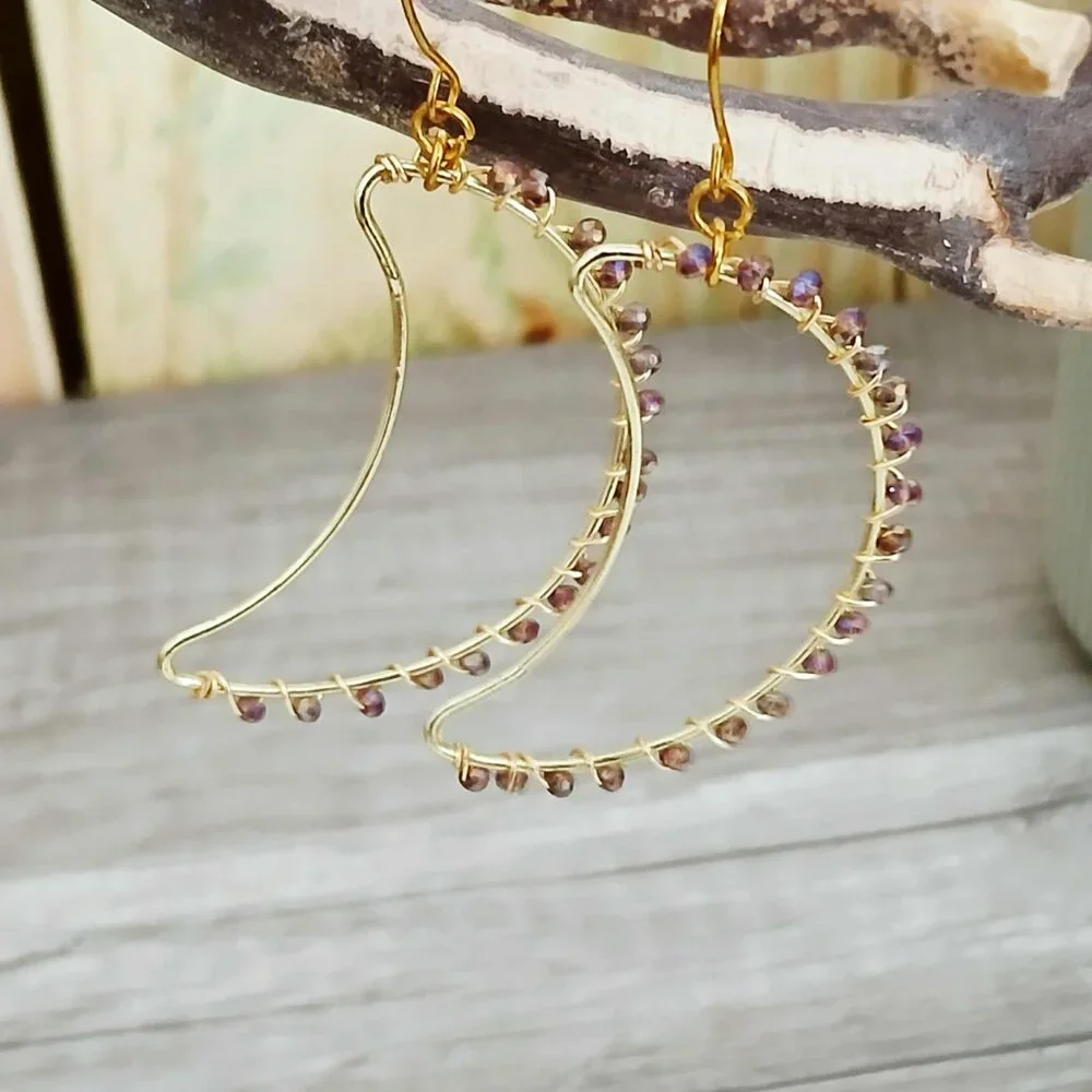 BOGO EARRINGS Gold Crescent Moon Beaded Dangle Earrings - 2.5" - Picture 3 of 11